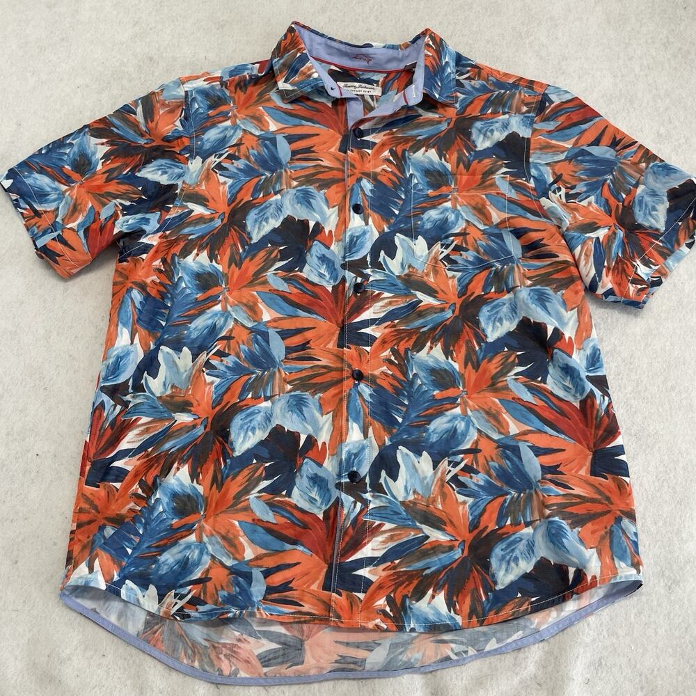 Tommy Bahama Shirt Men Orange Blue Bright Hawaiian Button Up Size XL